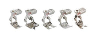 Set of five metal sewing machine presser feet on a white background 031662.71.01