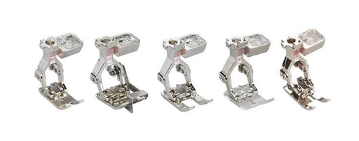 Set of five metal sewing machine presser feet on a white background 031662.71.01