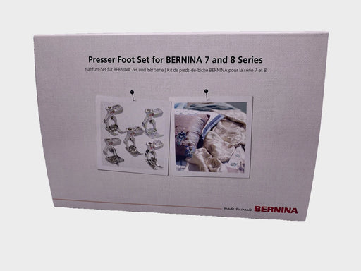 Bernina Presser Foot Set box for BERNINA 7 and 8 Series, featuring product images of the metal presser feet and a usage example on fabric.