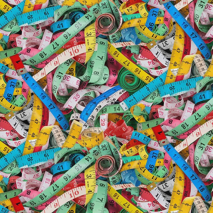 Thread and Thimble Packed Measuring Tapes digitally printed quilting cotton fabric for Timeless Treasures