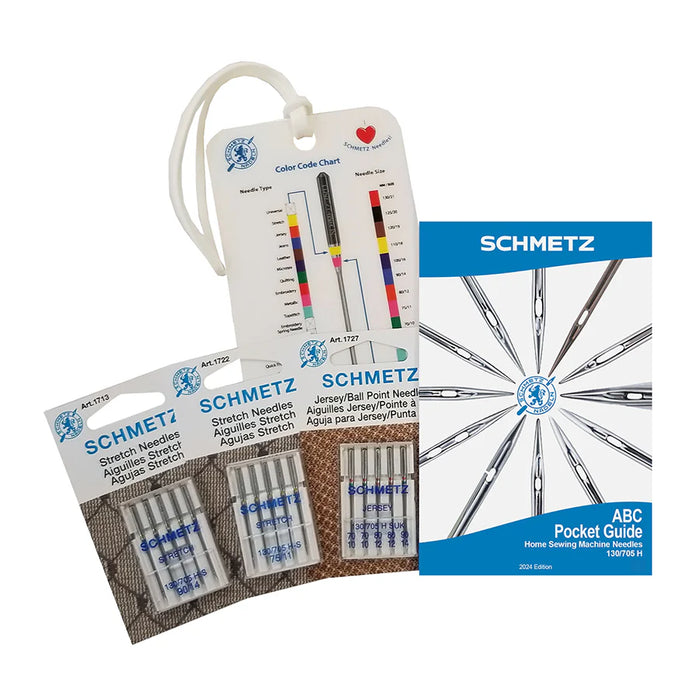 Schmetz needle Sewing with Knits bundle with a pocket guide on a white background
