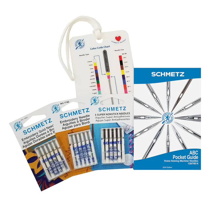 Schmetz machine embroidery needles bundle with needle chart and pocket guide on a white background