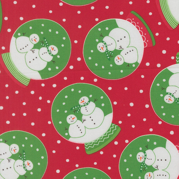 Snow Time Poinsettia Red Snowglobe quilting cotton by Moda Fabrics - poinsettia red tossed snowglobe scenes print