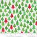 Snow Time Winter White Christmas Trees fabric shown beside a ruler to display the print scale and repeat width