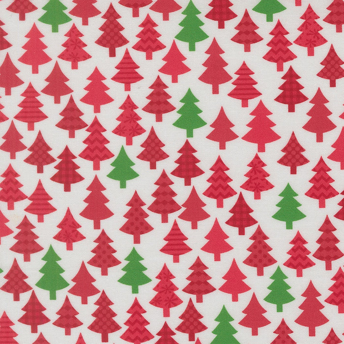 Snow Time Poinsettia Red Christmas Trees quilting cotton by Moda Fabrics - poinsettia red rows of Christmas trees print