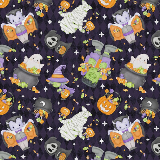 Halloween-themed pattern with ghosts, pumpkins, and ghosts in cauldrons on a dark background.