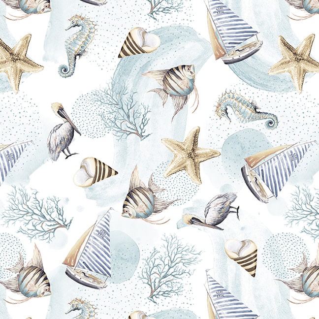 Ocean Oasis 3033-41 Ivory Sailboat Sea Life Fabric