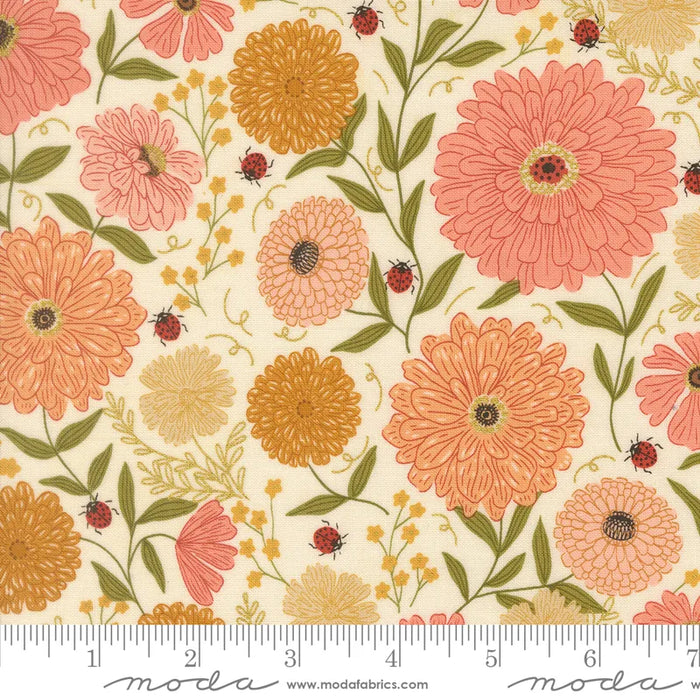 Ladybug Whimsy Zinnias Metallic Eggshell fabric 48440 11M quilting cotton with metallic accents fabric for Moda – view 2