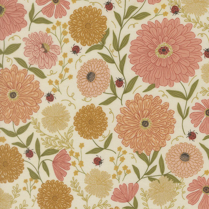 Ladybug Whimsy Zinnias Metallic Eggshell fabric 48440 11M quilting cotton with metallic accents fabric for Moda