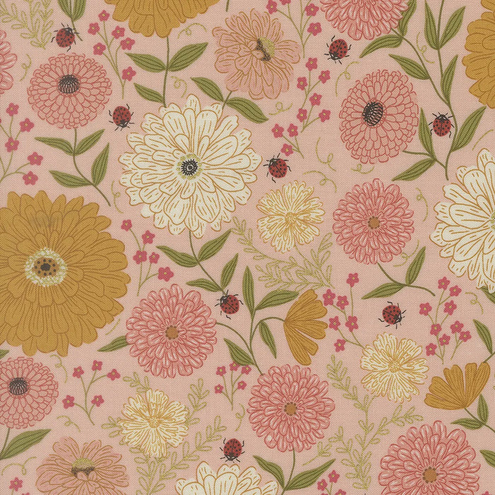 Ladybug Whimsy Zinnias Metallic Pretty Pink fabric 48440 15M