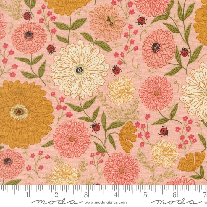 Ladybug Whimsy Zinnias Metallic Pretty Pink fabric 48440 15M