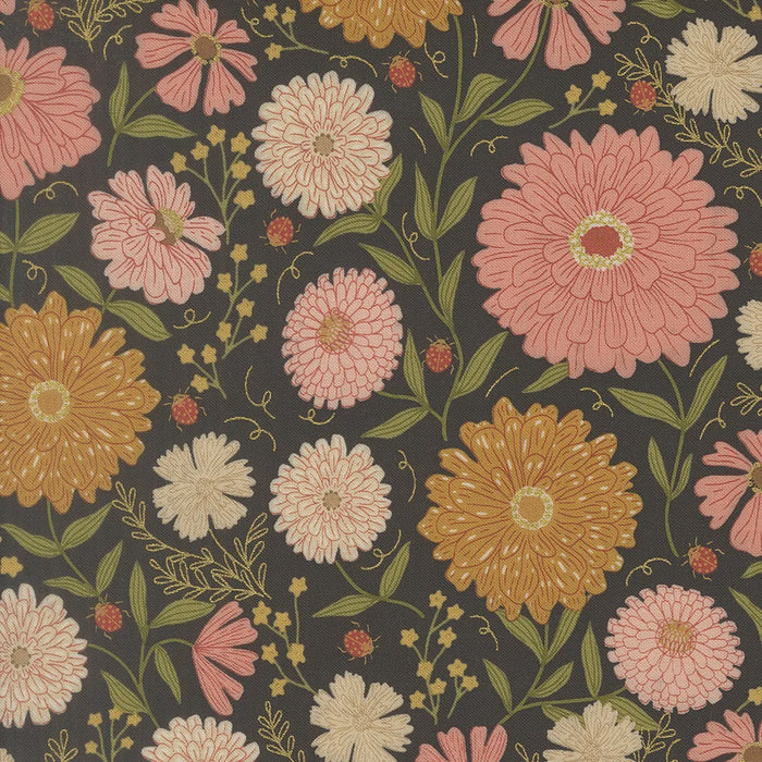 Ladybug Whimsy Zinnias Metallic Midnight fabric 48440 18M