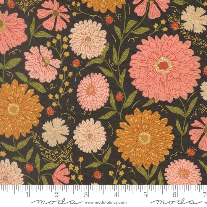 Ladybug Whimsy Zinnias Metallic Midnight fabric 48440 18M