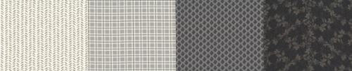 50 Years of Moda grey cotton quilt fabric collection featuring subtle textures, plaids, and floral designs in varying shades of grey.