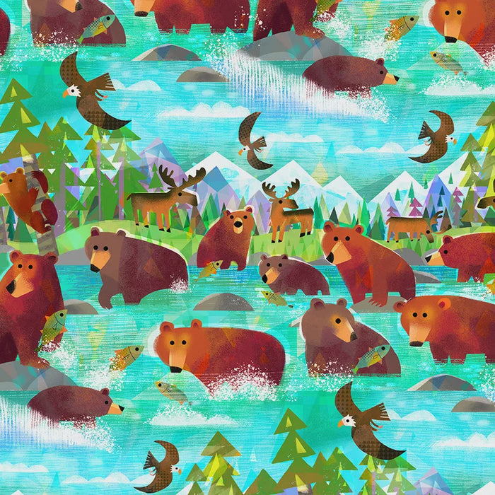 Animal Kingdom Bathing Bears Turquoise Cotton fabric