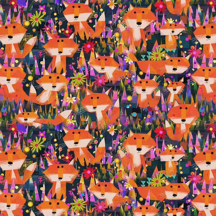 Animal Kingdom Foxes and Flowers Midnight Blue Cotton fabric