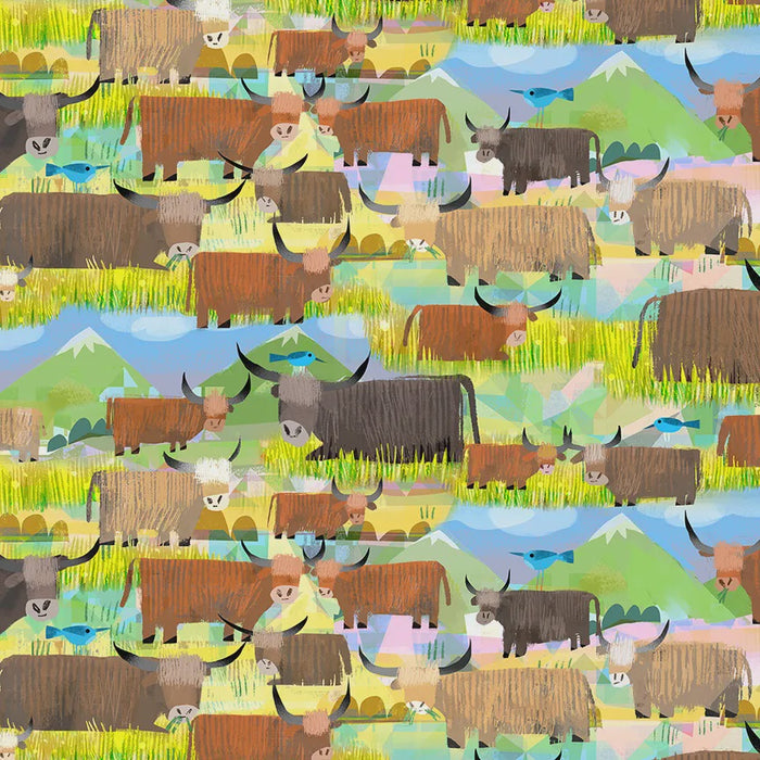 Animal Kingdom Highland Cows Grasslands Cotton fabric