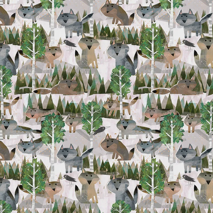Animal Kingdom Wild Wolves White Forest Cotton fabric