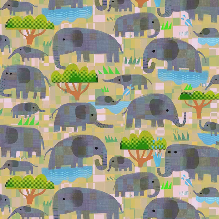 Animal Kingdom Mama Elephant Baby Elephant Yellow Savanna Cotton fabric