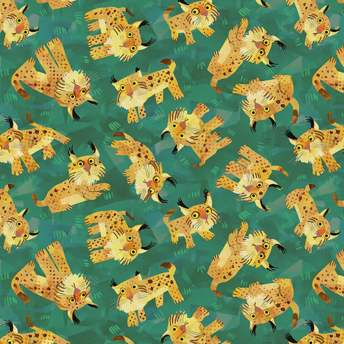 Animal Kingdom Solitary Lynx Pine Green Cotton fabric