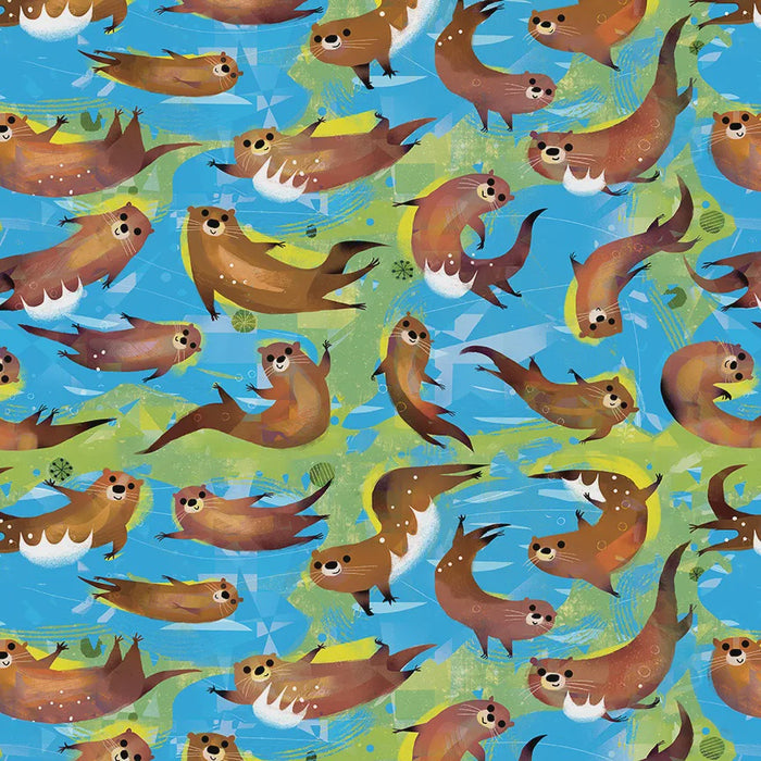 Animal Kingdom Swimming Otters Cyan Cotton fabric
