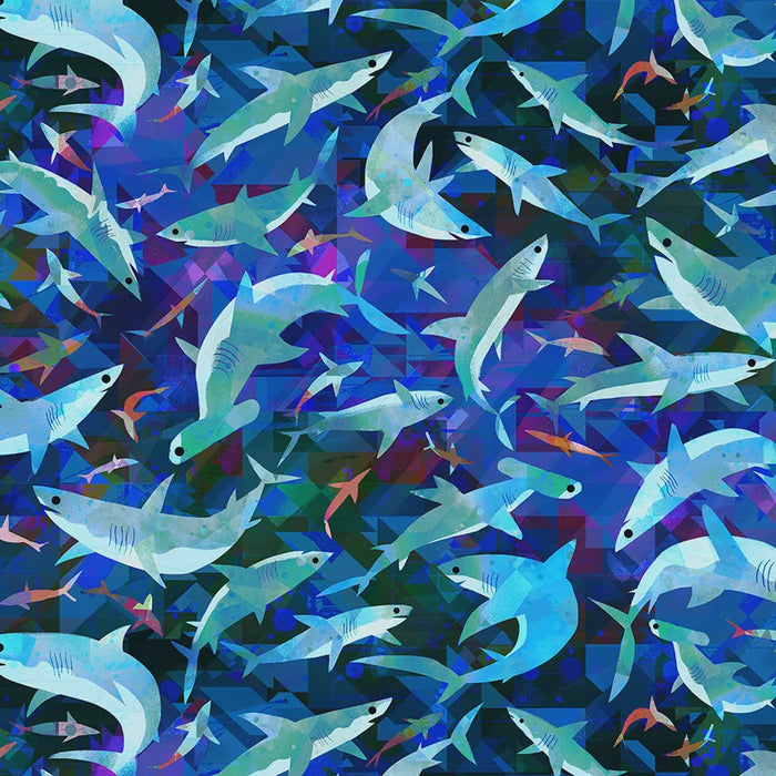 Animal Kingdom Stealthy Sharks Midnight Blue Cotton fabric