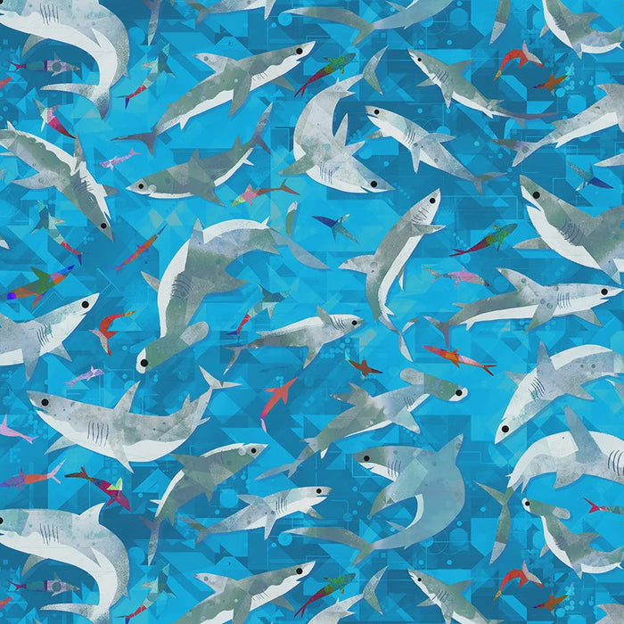Animal Kingdom Stealthy Sharks Cyan Cotton fabric