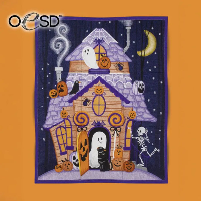 Halloween-themed tiling scene with a haunted house design on an orange background