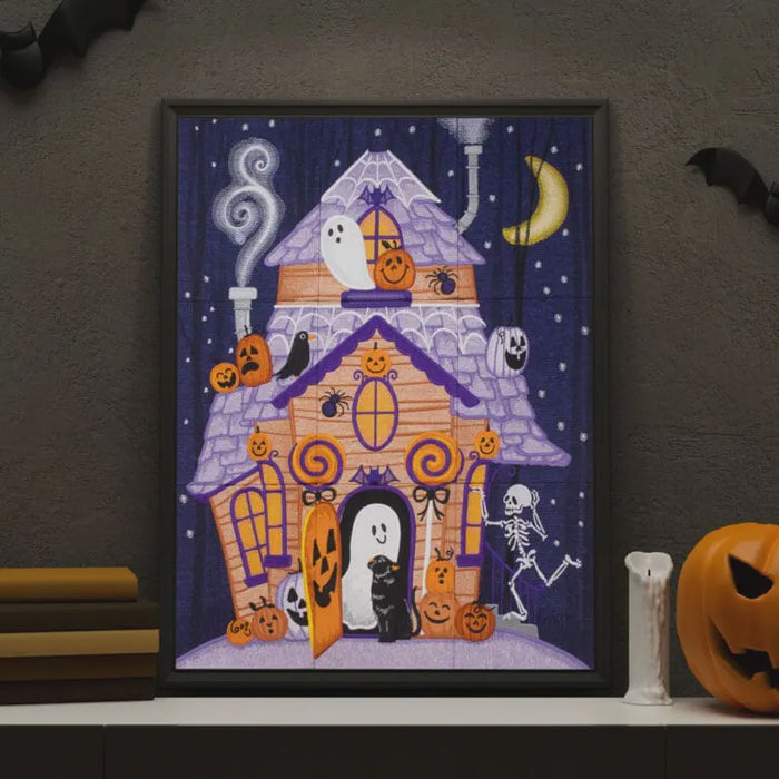 Boo Manor Halloween tiling scene machine embroidery design by Michael Zindell, haunted house with pumpkins, ghosts, and a skeleton