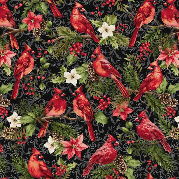 Holiday Feather & Flourish Birds and Winter Foliage Black fabric | 9265-99 Black