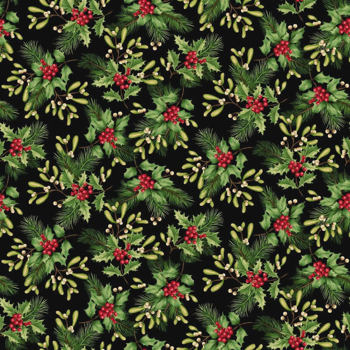 Holiday Feather & Flourish Holly and Mistletoe Black Multi fabric | 9268-99 Black Multi
