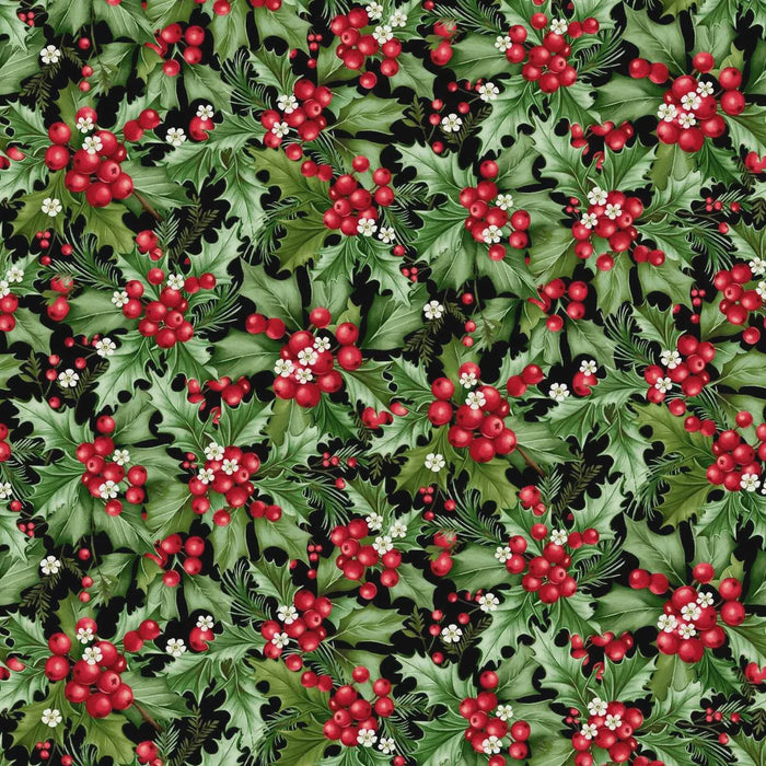 Holiday Feather & Flourish Holly Berry Black Multi fabric | 9269-99 Black Multi
