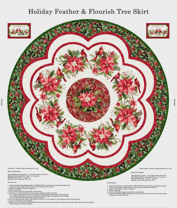 Holiday Feather & Flourish Tree Skirt Panel 54x44" Cream Panel fabric | 9270P-44 Cream
