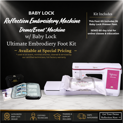 Baby Lock Reflection embroidery machine with foot kit bundle on a dark background