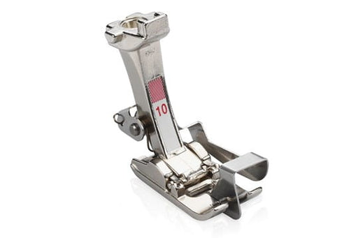 A BERNINA #10 Edgestitch Presser Foot designed for achieving even and straight seams along finished edges, suitable for use with Bernina 5.5mm stitch width machines.