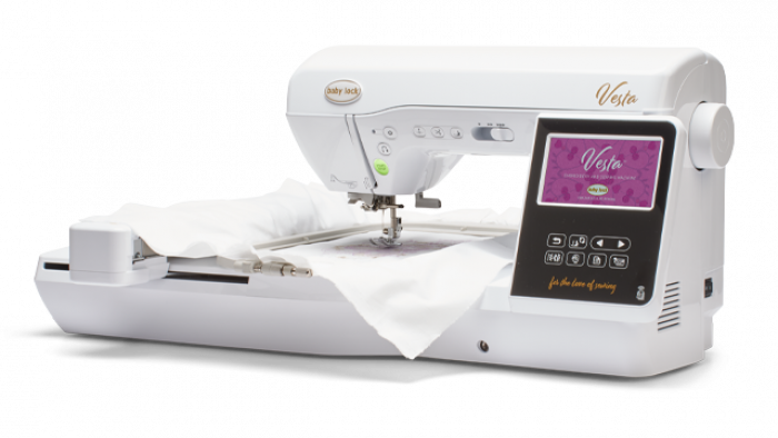 Baby Lock Vesta Sewing & Embroidery Machine from an angle making a design