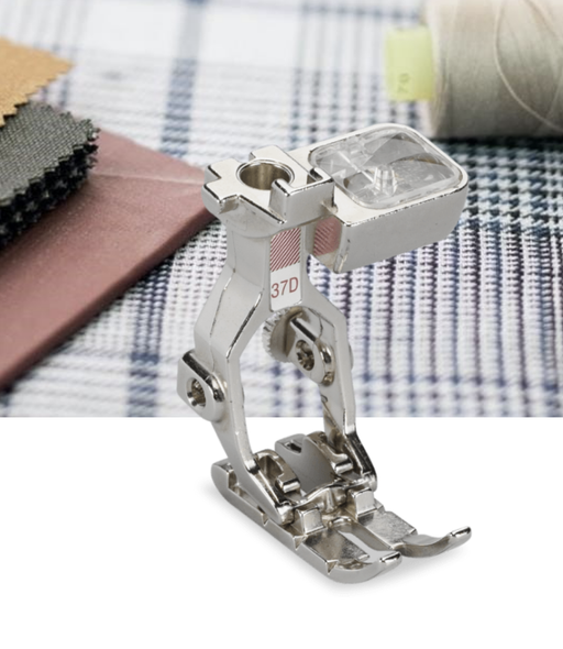 A BERNINA #37D Patchwork Presser Foot designed for sewing machines, displayed on a table with fabric and thread.