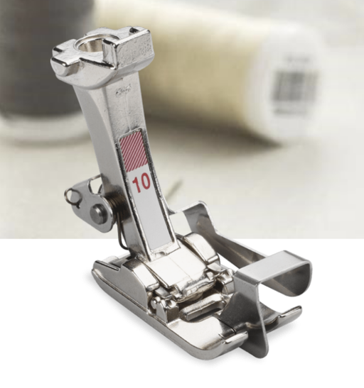 A BERNINA #10D Edgestitch Presser Foot made of metal, predominantly silver in color, designed for precision sewing on edges, hems, and pleats.