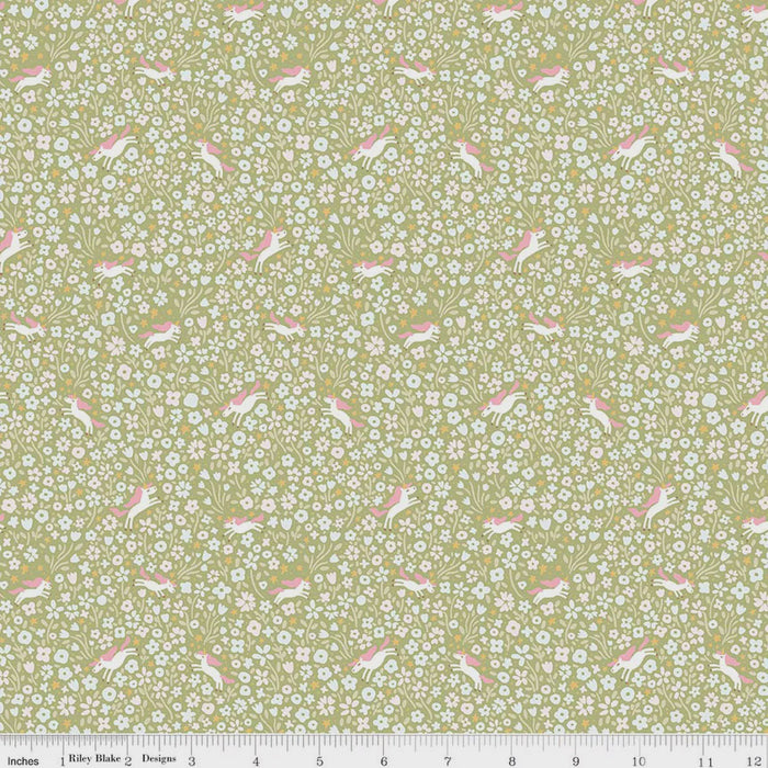 Little Posies Unicorns Green fabric