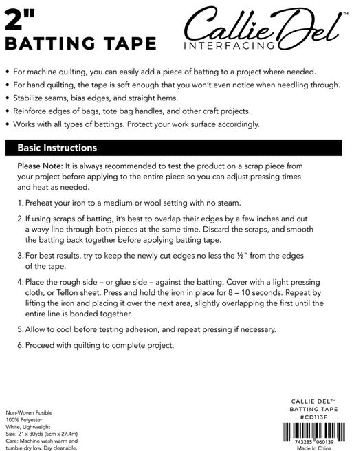 Back of a packaging label for Callie Del batting tape with instructions and product details.