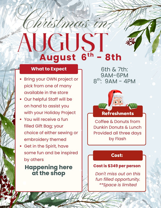 Promotional flyer for 'Christmas in August' event with details and festive design elements.