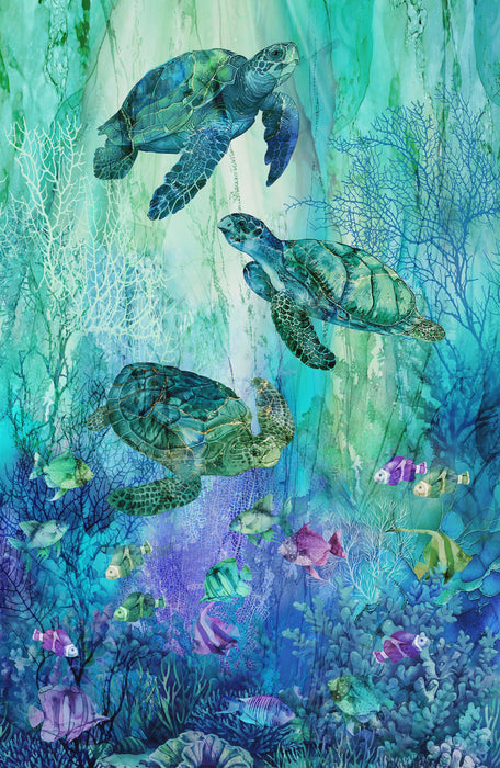 Coral Reef Panel Turquoise Multi quilting cotton fabric | Northcott