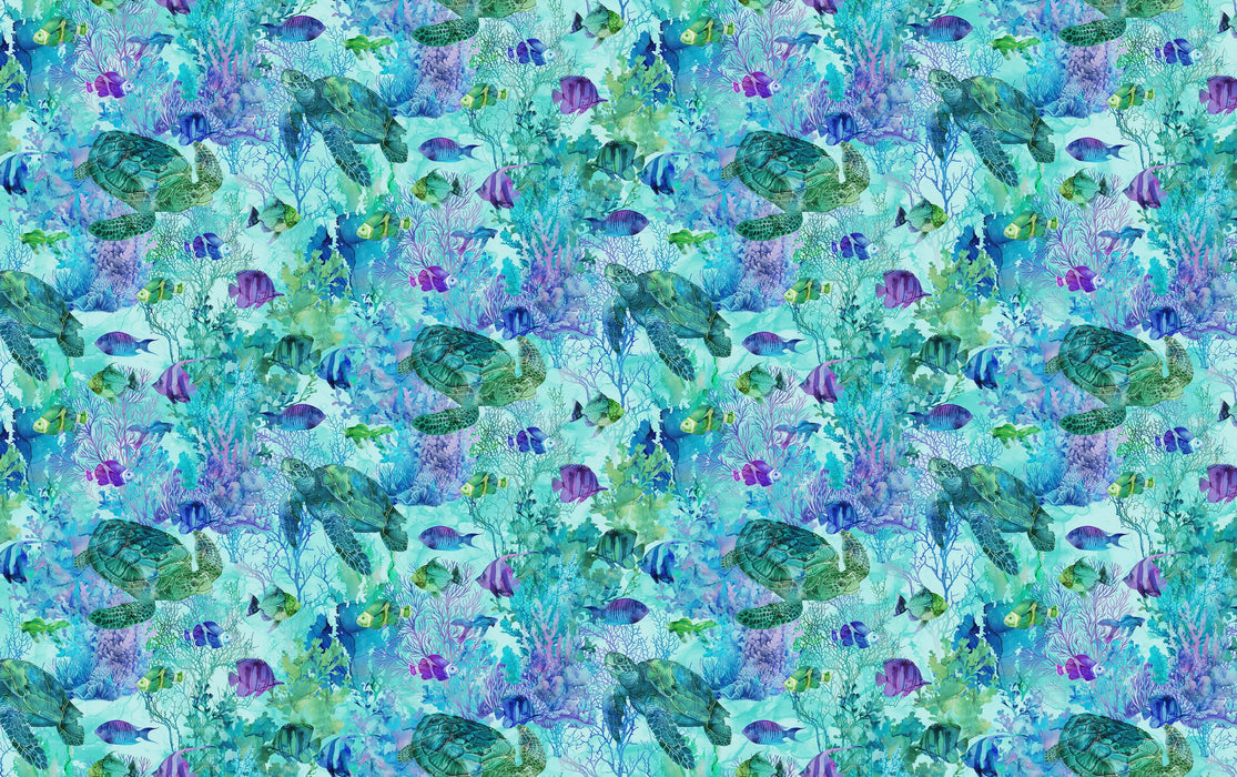 Coral Reef Turtle & Fish Turquoise Multi quilting cotton fabric | Northcott