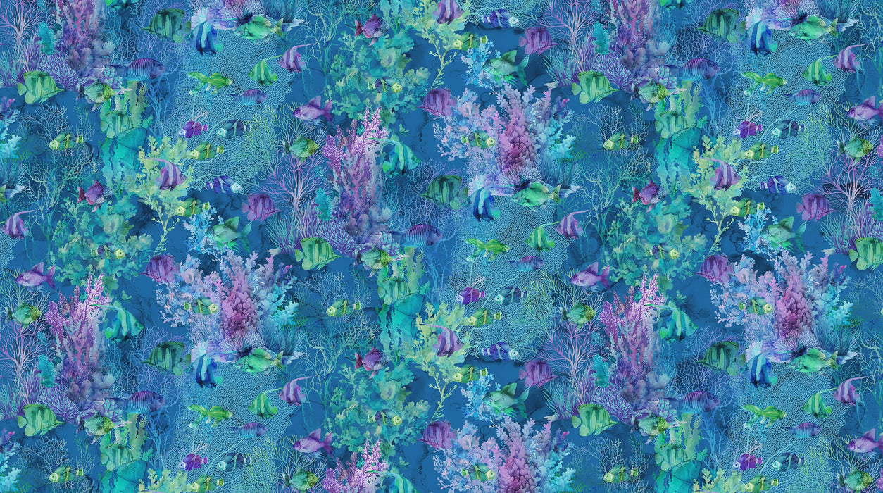 Coral Reef Fish Navy Multi quilting cotton fabric | Northcott