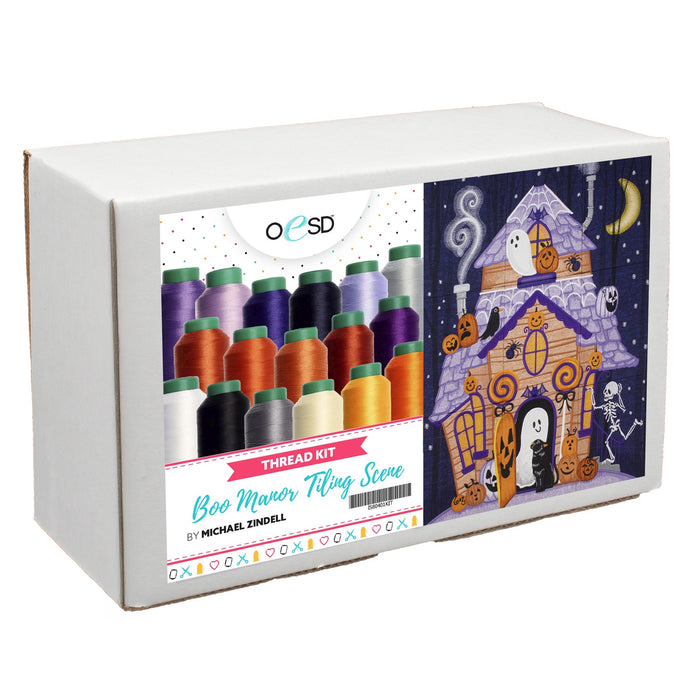 OeSD Boo Manor Tiling Scene thread kit with 17 Isacord 40-weight embroidery spools in Halloween colors, pre-matched to the Michael Zindell design