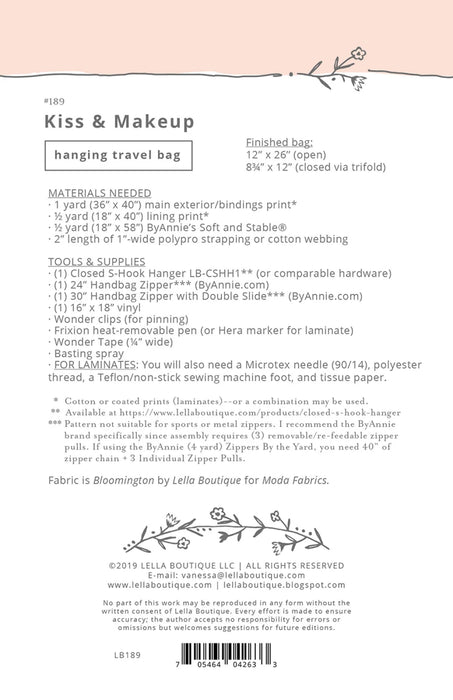 Kiss & Makeup Hanging Travel Bag Pattern