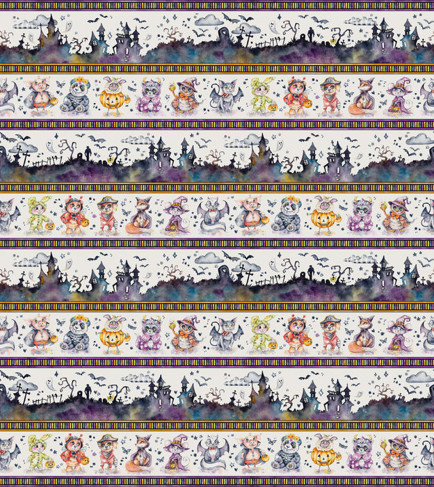 Little Darlings Halloween Spooky Scene Border Stripe White fabric