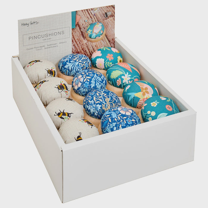Fabric Pincushions with Wood Base - Bee, Bird, Floral Woodblock 24pc #MRPINCDB