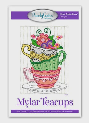 Mylar Teacups embroidery design on a white background with a purple border.