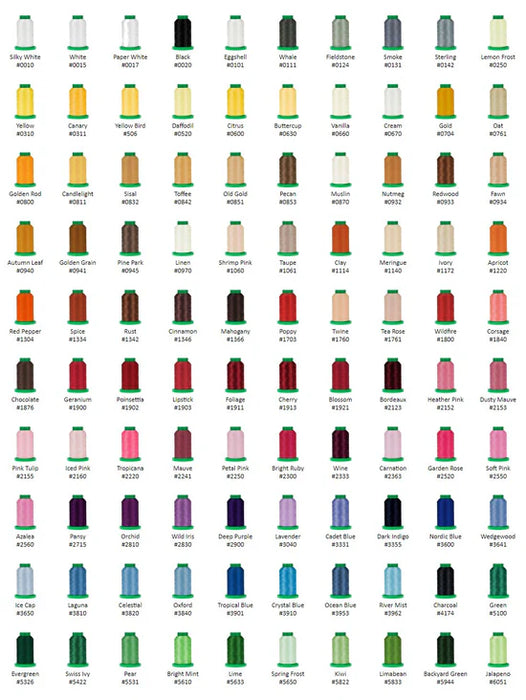 All threads included in OESD Isacord top 100 thread kit